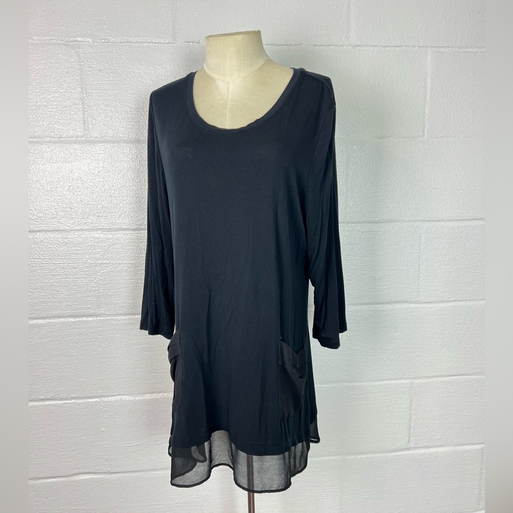 Lori Goldstein LOGO tunic top‎ size L solid black sheer pickets and hem